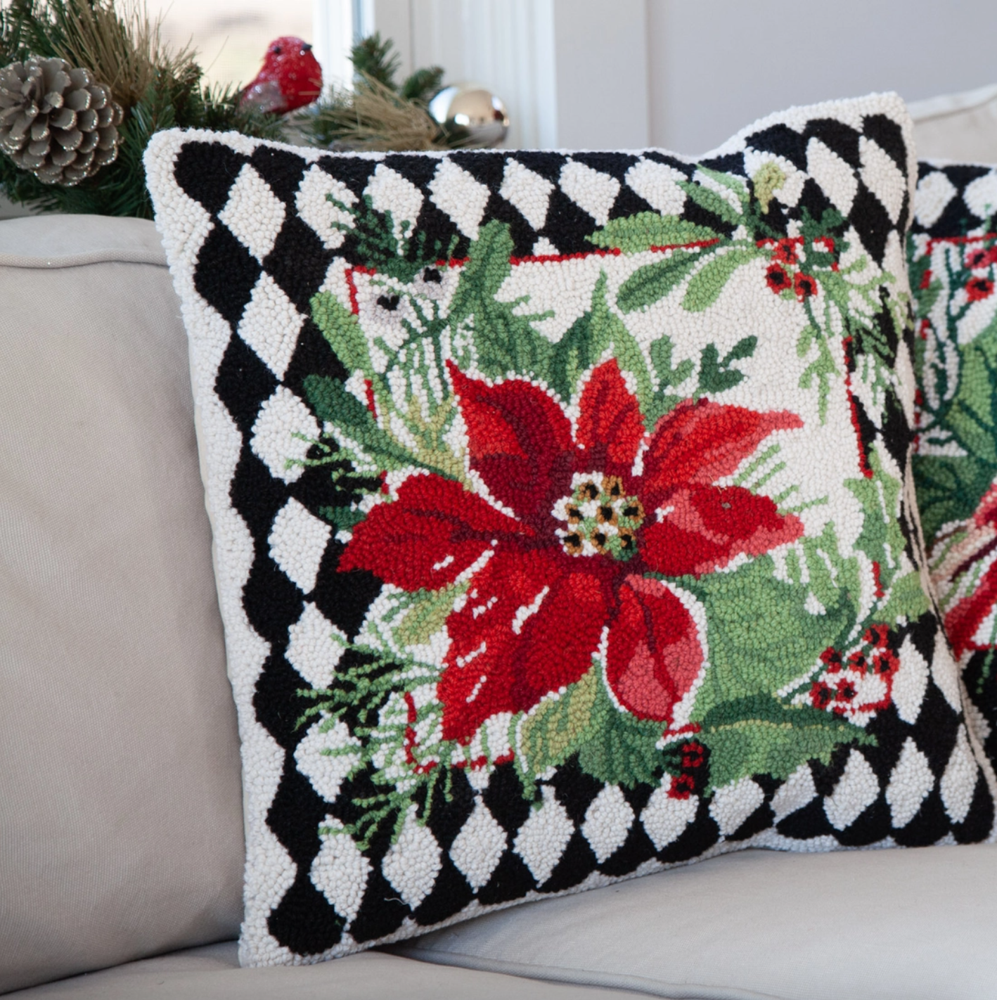 Harlequin Poinsettia Hook Pillow