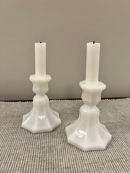 White Milk Glass Taper Candle Holders, Set of 2