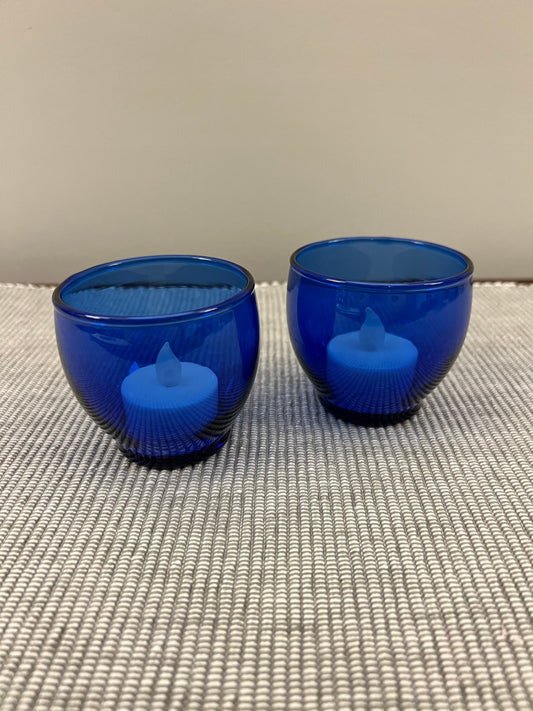 Blue Glass Tea Light Holders, Set of 2